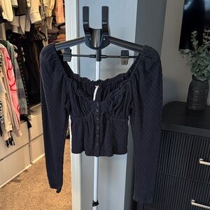 Black Long-Sleeve Button Front Women’s Top